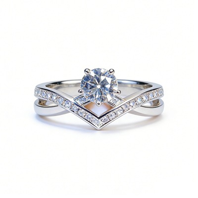 Round Brilliant-Cut V-Shape Pavé-Set Diamond Ring